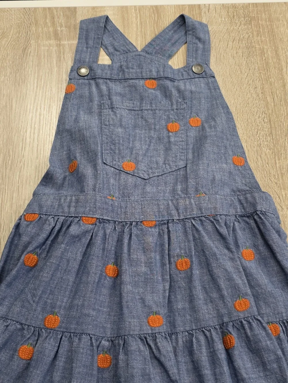 Gymboree Girls Blue Chambray Pumpkin-Embroidered Pinafore Overalls Jumper Dress